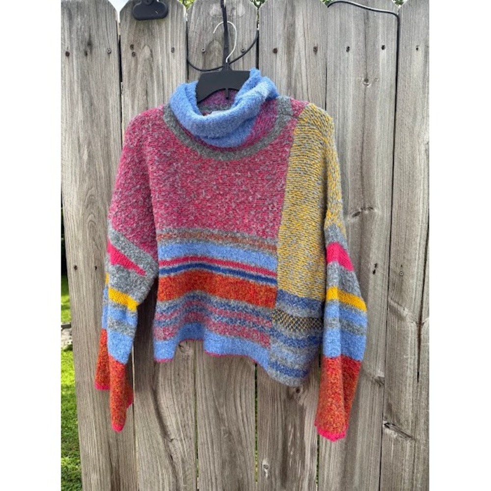 Boho Patchwork Wool Blend Fate Turtleneck Sweater Large Multicolor Eclectic